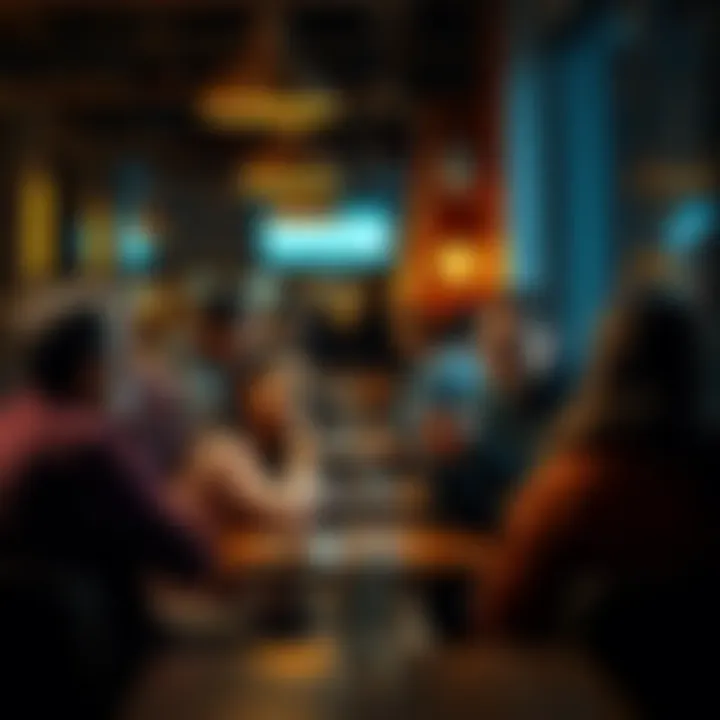 A group of people gathered in a café, discussing current trends and societal behaviors over coffee.