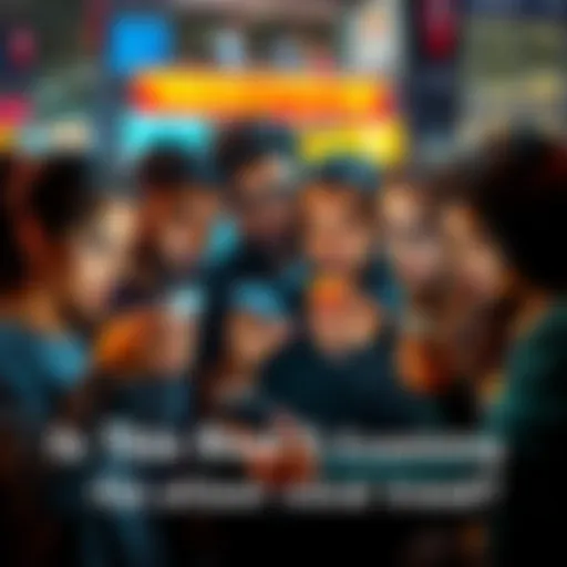A group of people examining their phones while talking about a viral trend, showing curiosity and skepticism on their faces.