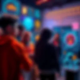 A group of people interacting with a digital interface showing AI interactions and virtual currency transactions.