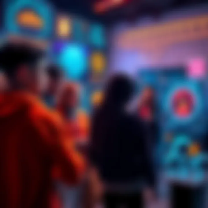 A group of people interacting with a digital interface showing AI interactions and virtual currency transactions.