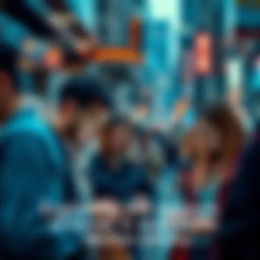 A group of people using smartphones and tablets in a busy urban setting, showcasing modern technology's role in daily life and community engagement.