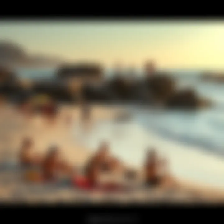 Groups of friends and families relaxing on the sand at the beach, playing and enjoying the sun