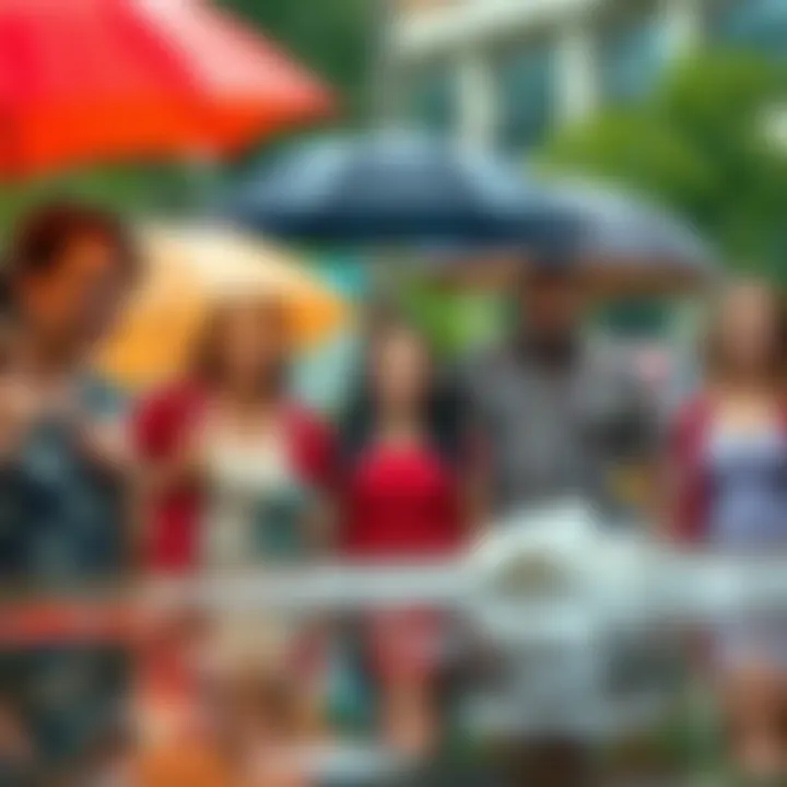 People enjoying the rain A group of residents smiling and playing in the rain, with umbrellas and puddles around them.