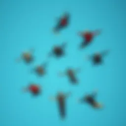 A group of individuals soaring through the air against a clear blue sky