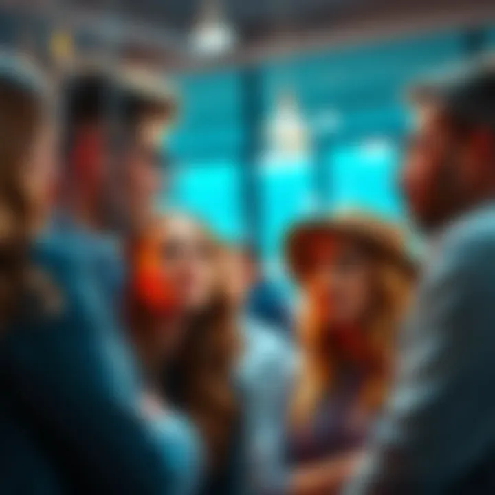 A group of people discussing ideas, showing varying expressions of self-awareness and engagement.