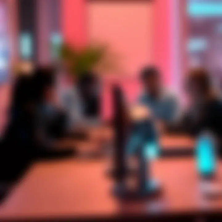 A group of people sitting around a table, engaged in discussions while using laptops to interact with a chatbot, showcasing their mixed reactions to the tool.