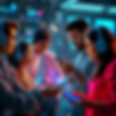 A group of diverse people engaging with various AI tools and devices, showcasing how technology influences their conversations and connections.
