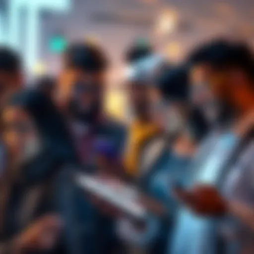 A group of diverse people using various devices to interact with conversational artificial intelligence technology
