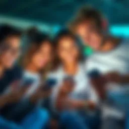 People laughing while texting A group of friends laughing together while looking at their phones, highlighting the joy of digital communication