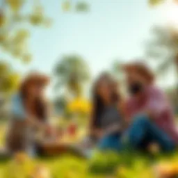 A group of friends laughing while enjoying a picnic in a sunny park, showcasing joy and connection.