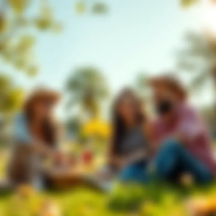 A group of friends laughing while enjoying a picnic in a sunny park, showcasing joy and connection.