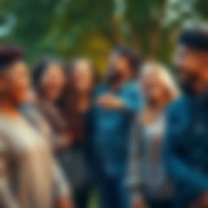 People laughing together A group of friends sharing a funny moment and laughing out loud in a park