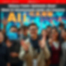 A group of diverse people expressing optimism about artificial intelligence advancements, showcasing positive gestures, with digital technology visuals in the background.