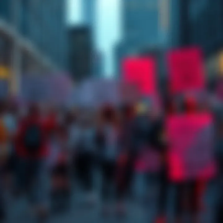 A group of people holding signs expressing concerns about artificial intelligence and its impact on society, gathered at a public space.