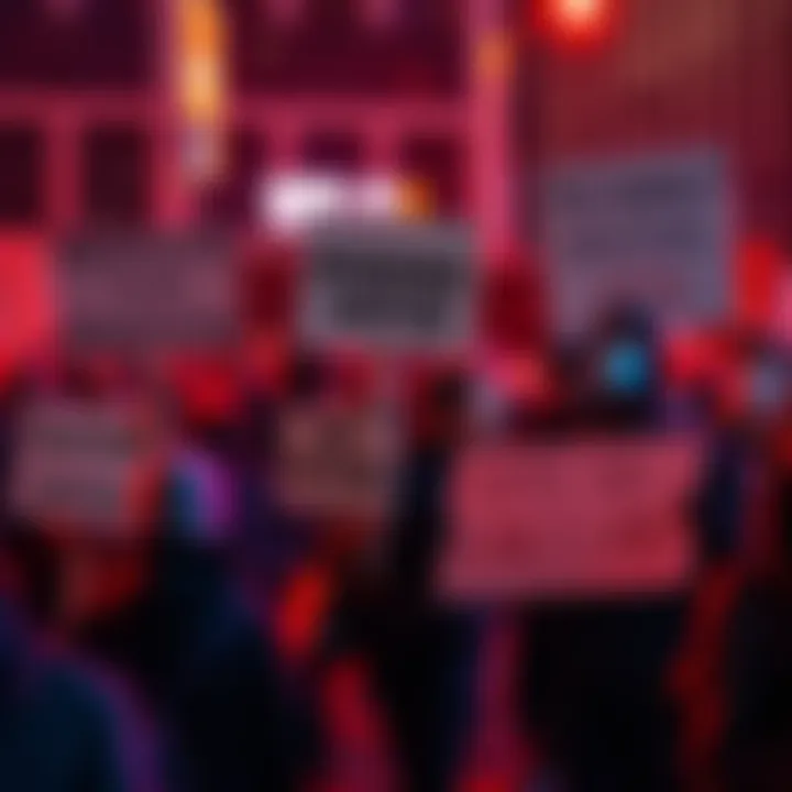 A group of people holding signs expressing their concerns about the monetization of generative AI