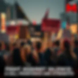 People protesting for their rights A diverse group of people holding signs and banners, passionately protesting against oppression and advocating for their rights, showing solidarity and strength.