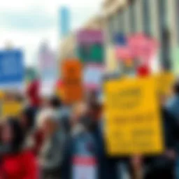 A diverse group of Americans from various backgrounds protesting the expansion of AI data centers with signs about privacy and the environment