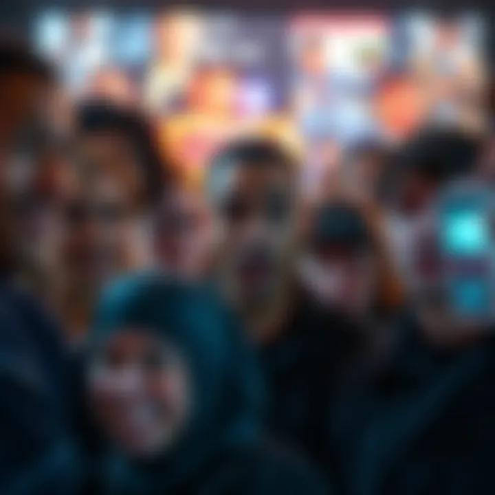 A diverse group of people showing expressions of fear and concern while viewing a screen displaying AI-generated content.