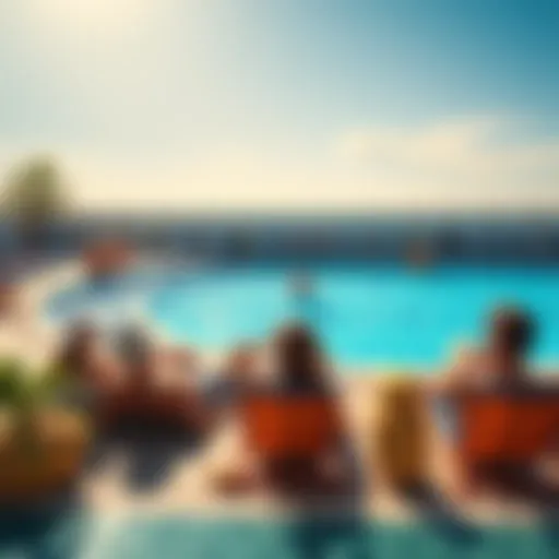 A sunny scene with people lounging by a pool, enjoying summer.