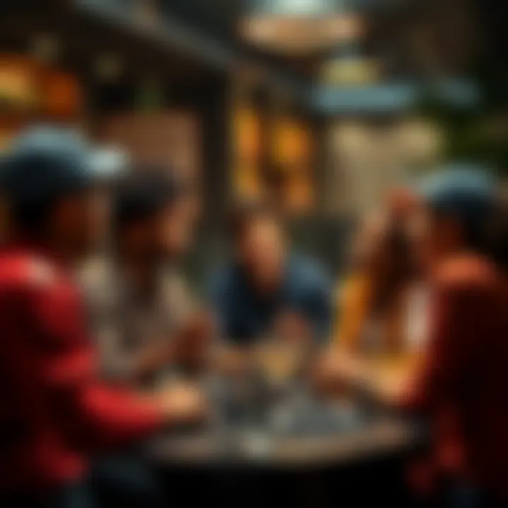 A group of diverse people discussing their interests and hobbies in a casual setting.