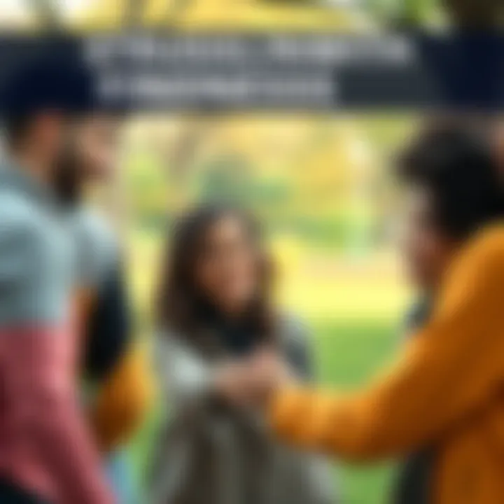 A group of diverse people smiling and helping each other in a park setting, showcasing acts of kindness and connection.
