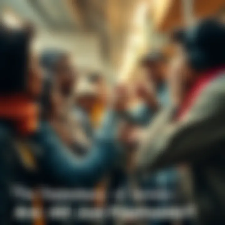 A group of diverse people helping each other with various tasks, showcasing community support and reliance.