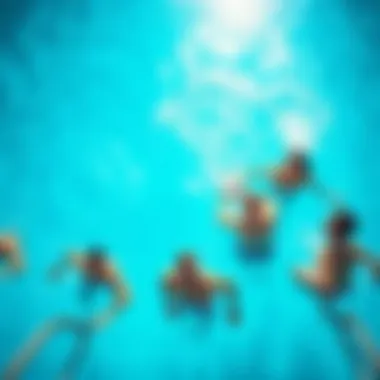 People swimming in a sunny pool A group of people enjoying a sunny day while swimming in a clear blue pool with cheerful vibes