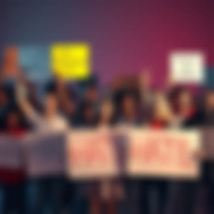 A diverse group of people holding signs promoting positivity and unity, standing strong against hate speech online