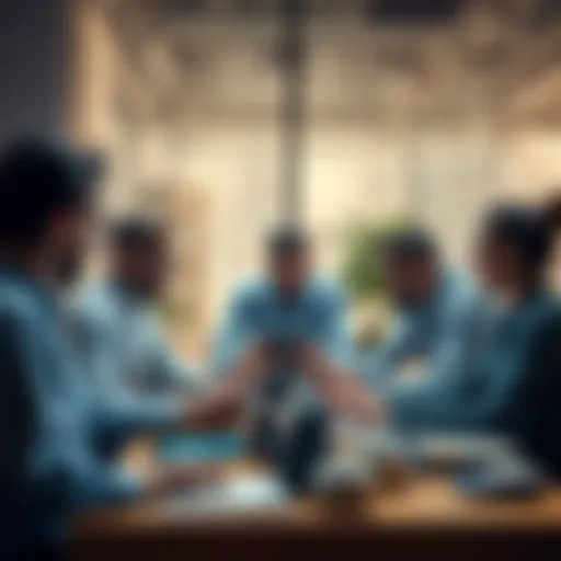 A group of people collaborating at a desk with AI tools on their devices, showcasing improved focus and teamwork in an office setting.