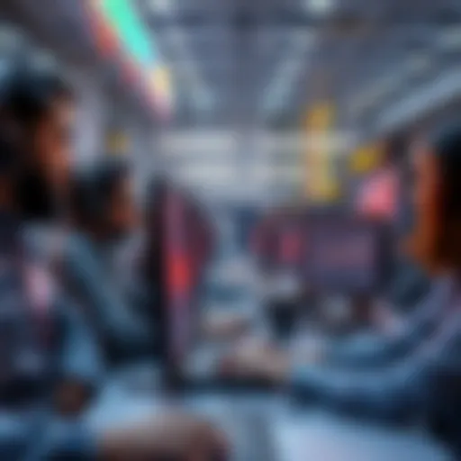 A diverse group of people working on computers, utilizing AI tools to generate income, with graphs and charts visible on their screens.