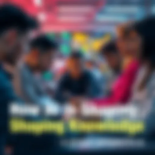 A group of people engaged in using AI technology to learn, with a focus on computers and devices in a vibrant classroom setting.