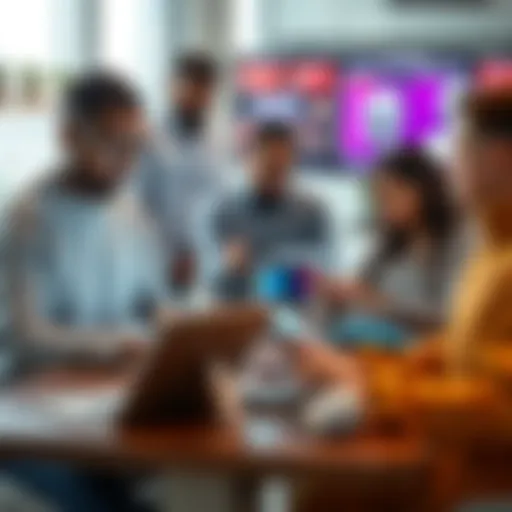 A diverse group of people engaging with various AI automation tools on laptops and tablets in a bright office setting.