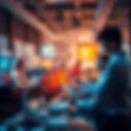 A group of people working with various AI tools on computers and tablets in a modern workspace
