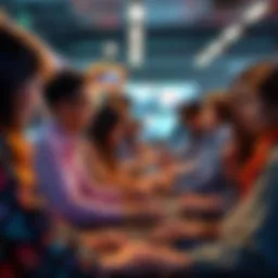 A diverse group of people engaged with computers, using AI tools to write online responses in forums.