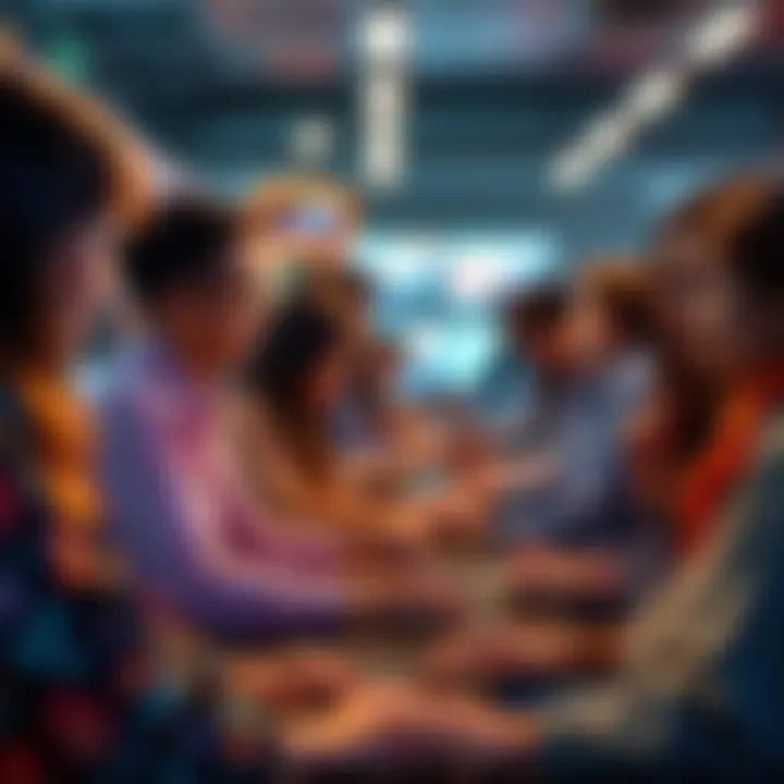 A diverse group of people engaged with computers, using AI tools to write online responses in forums.