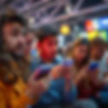 A group of people looking at their phones with mixed expressions, showcasing a range of feelings about an app's performance and features, in a casual setting.