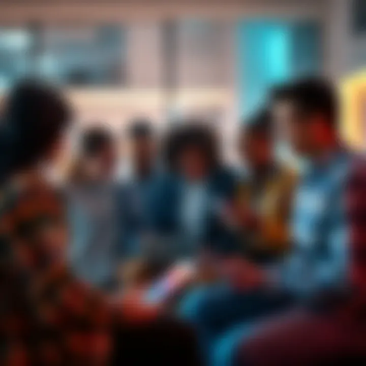 Group of diverse people engaged in conversation while using ChatGPT on laptops and smartphones, showcasing its popularity in 2026.