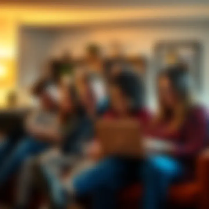 A diverse group of people happily using ChatGPT on their laptops in a cozy setting, showing collaboration and success in everyday tasks.