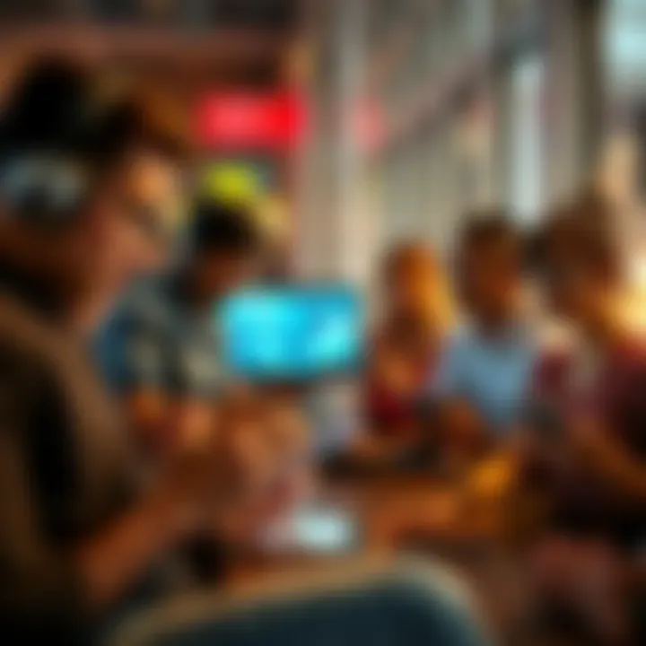 A diverse group of people engaging with various tech devices like smartphones, tablets, and laptops in a modern setting.