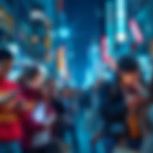 A group of people interacting with various technologies like smartphones and tablets in a busy urban setting