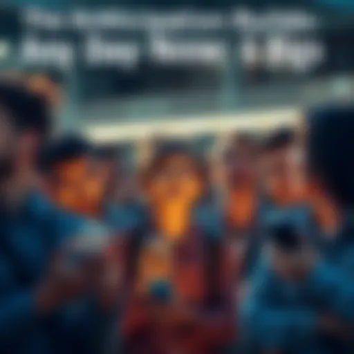 A group of people eagerly waiting with expressions of anticipation and excitement, looking at their phones for updates.