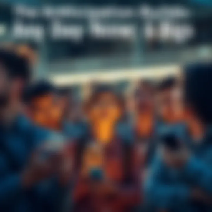 A group of people eagerly waiting with expressions of anticipation and excitement, looking at their phones for updates.