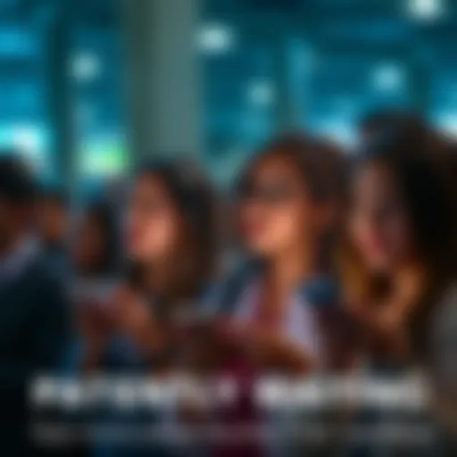 Group of people looking at their phones with expressions of anticipation