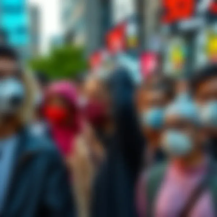 A diverse group of people wearing different types of masks, showcasing their styles and expressions in a city environment.