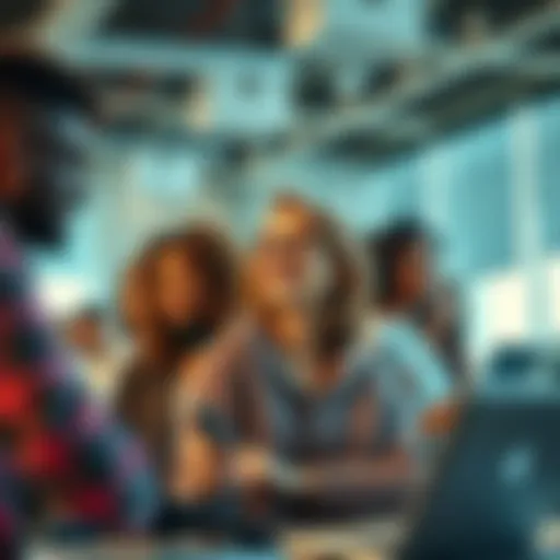 A group of diverse people engaged in work, showing enthusiasm and collaboration in a bright office environment