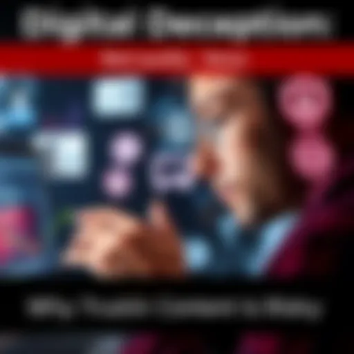 A person looking at a computer screen with a thoughtful expression, surrounded by digital icons representing misinformation and truth.