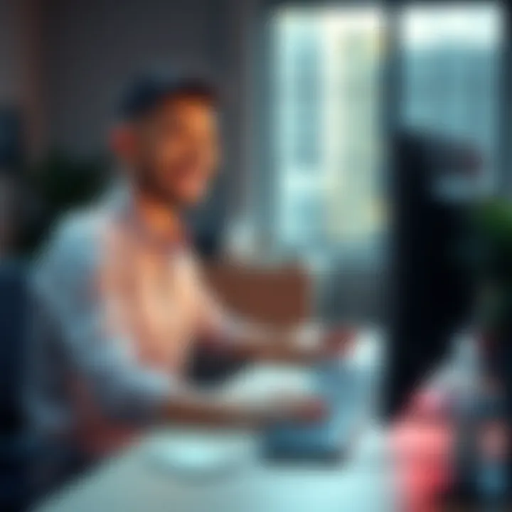 Person Automating a Task A person sitting at a desk with a computer, smiling while automating a repetitive task with a simple click.