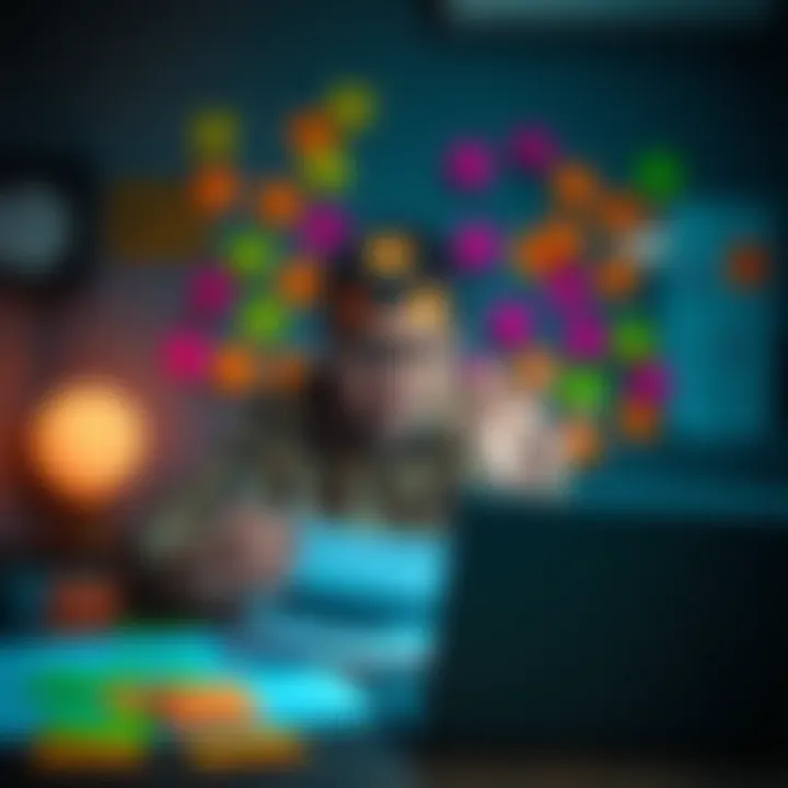 A person with ADHD brainstorming ideas on paper, looking focused but slightly overwhelmed, surrounded by colorful sticky notes and a laptop.