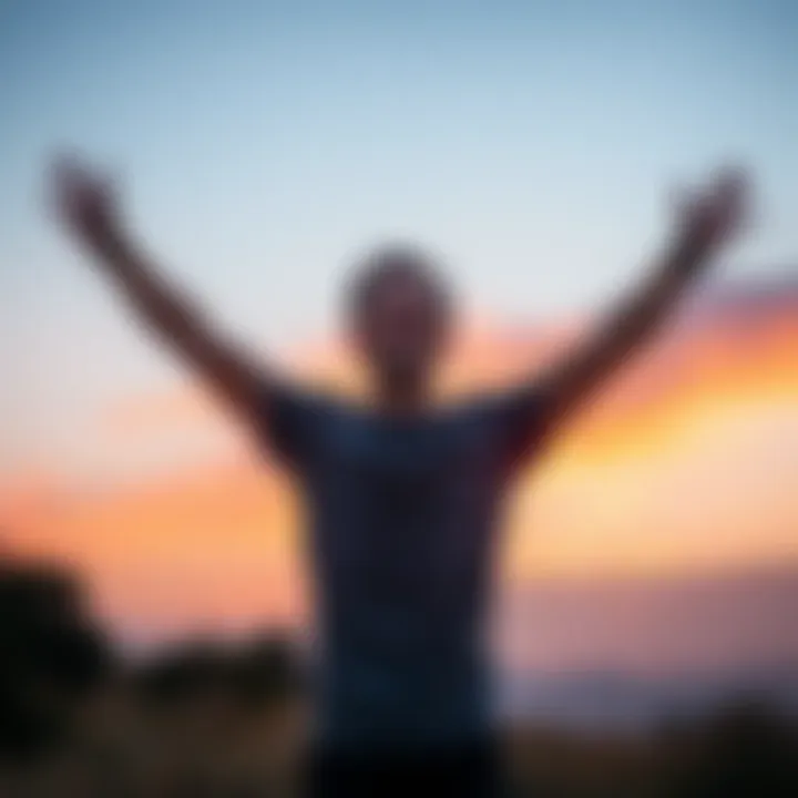 A joyful person standing outdoors with arms raised, symbolizing success in overcoming personal challenges and embracing a healthier lifestyle.
