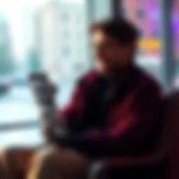 A person sitting alone, smiling while chatting with a friendly-looking robot on a smartphone